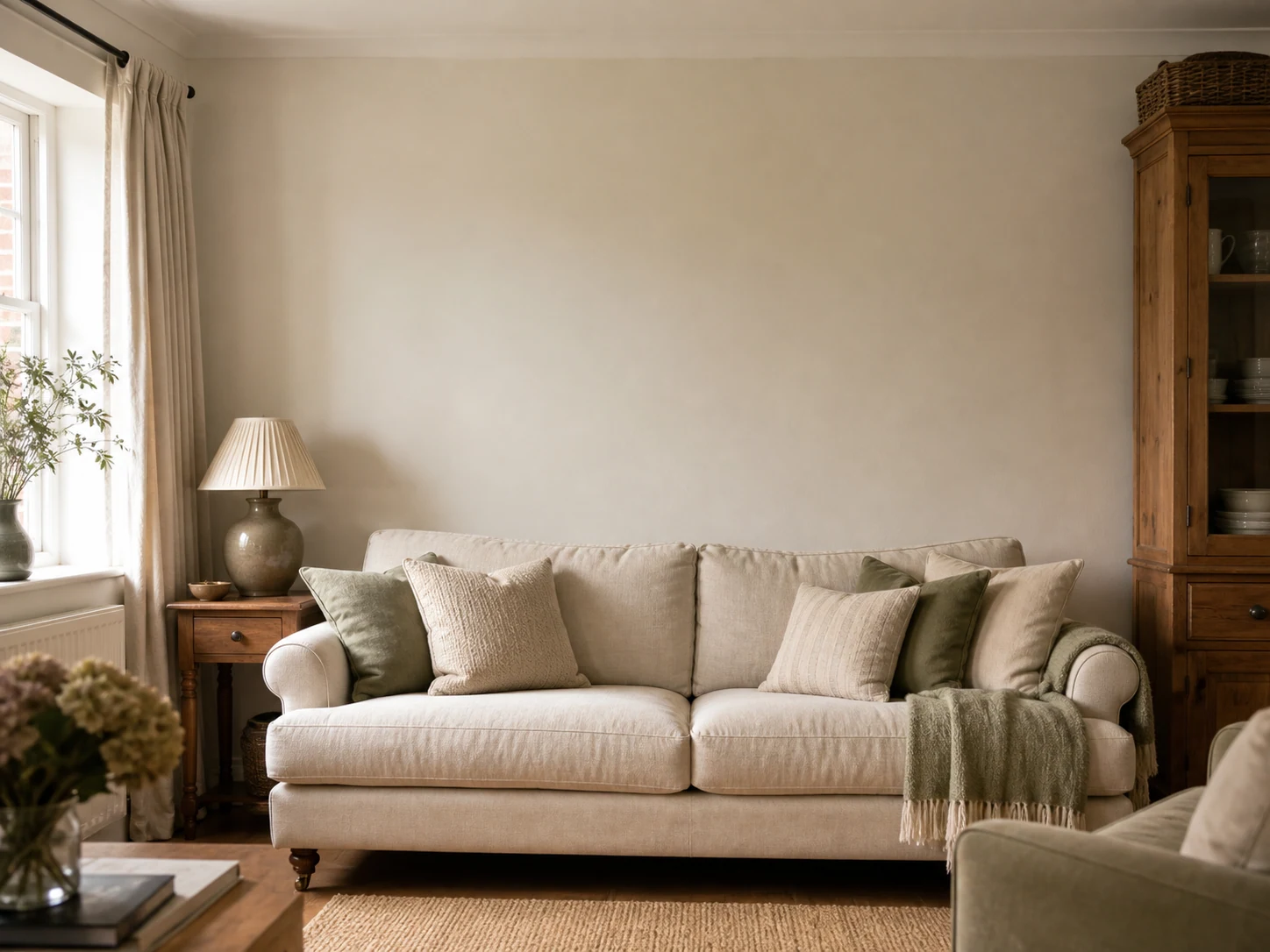 A warm British family room with a portrait hung above the sofa